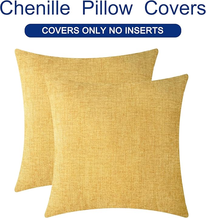 CaliTime Throw Pillow Covers Decorative 18 X 18 Inches Pack of 2 Cozy Chenille Cushion Cases for Couch Sofa Bed Living Room Home Gold