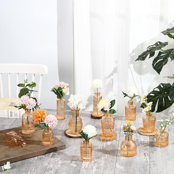 Bud Vases in Bulk 64, Amber Glass Vases for Centerpieces, Small Vases for Flowers, Mini Vintage Vase, Small Flower Vase for Centerpieces, Bud Vases for Wedding Table Decor