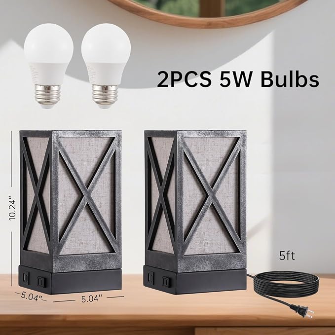 Table Lamp, Set of 2 Rustic Farmhouse Nightstand Lamps, 3 Color Temperatures Desk Lamp with USB Charging Ports AC Outlet Vintage Lamp for Living Room Bed Room, Pewter