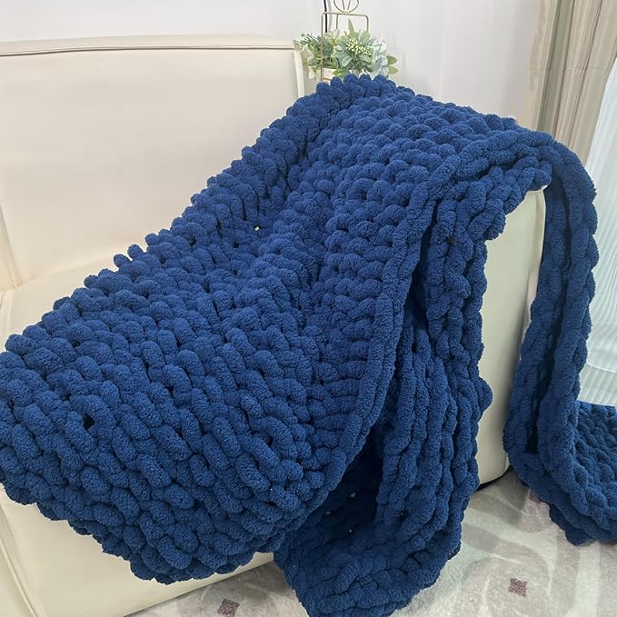 Chunky Knit Blanket Throw 40"x60", Chenille Throw Blankets, Handmade Warm & Cozy Blanket Couch Bed Home Decor, Soft Breathable Fleece Banket, Christmas for Couch Bed Sofa Best Gift (Navy Blue)