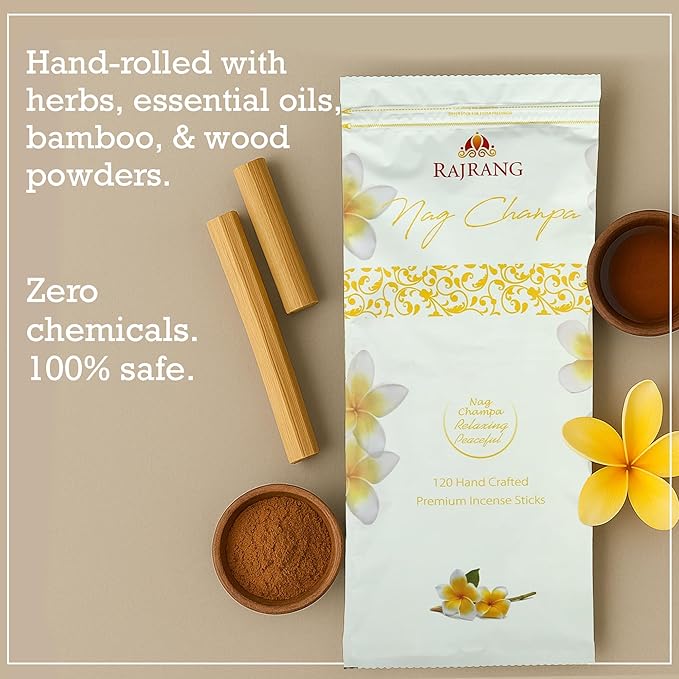RAJRANG Nag Champa Incense Sticks Box 120 Grams (120 Sticks) Scented Hand Rolled Agarbatti for Temple Room Freshener Yoga