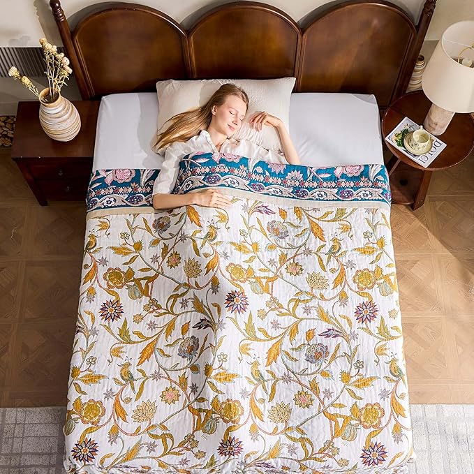 Fall Throw Blanket for Couch, Brown Boho Decorative Throw Blanket, 100% Cotton Muslin Breathable Woven Farmhouse Blankets Quilt, 60"x80" Reversible Lightweight Blankets Bohemian Throw Quilt