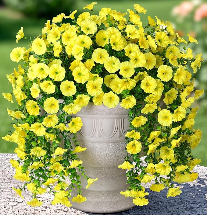 2 PCS Artificial Fall Faux Hanging Flowers Plants for Outdoor Decor,Fake Silk Morning Glory with Eucalyptus UV Resistant Realistic Mums Trailing Vines for Wall Home Porch Patio Balcony Yard,Yellow