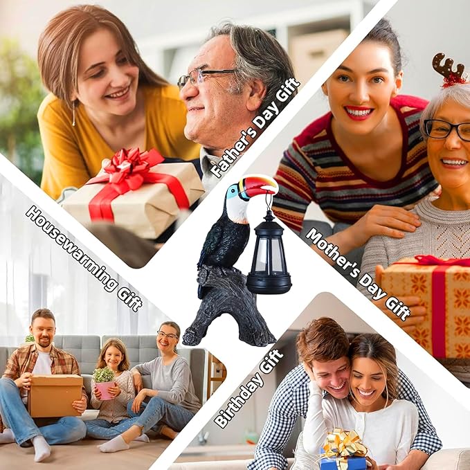 Toucan Garden Statues Decor, Solar Waterproof 9.5" Colorful Tropical Bird Sculpture with LED Lights Funny Garden Outdoor Exotic Bird Sculpture Decoration for Lawn Porch Yard Patio Tiki Bar