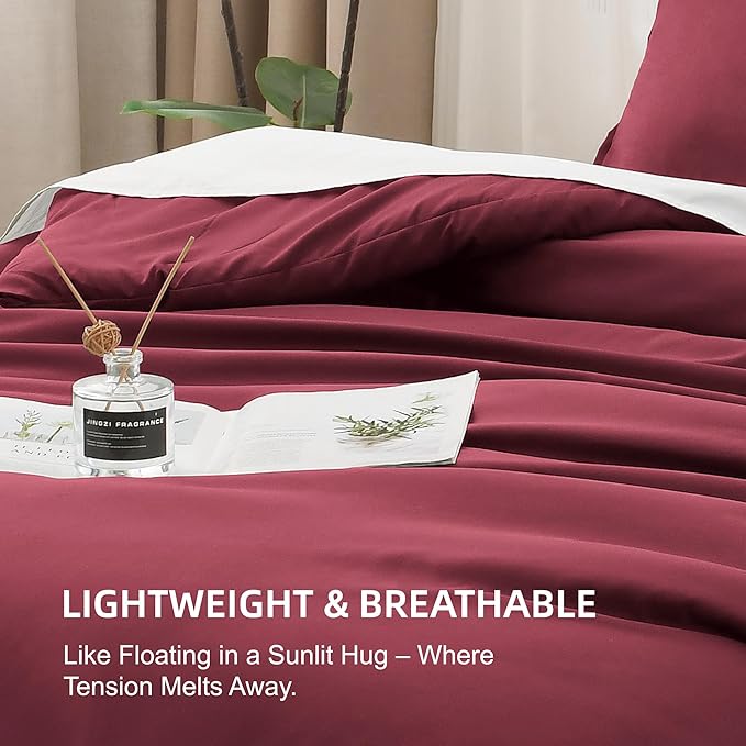 Litanika Burgundy Red Comforter Set Twin/Twin XL Size, 2 Pieces Lightweight Solid Bedding Comforter Set, All Season Fluffy Bed Set (66x90In Comforter & 1 Pillowcase)
