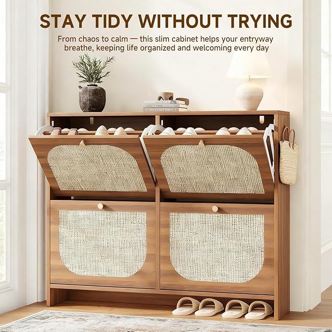 Nicetree Freestanding Arched Rattan Accent Ultra Slim Shoe Cabinet for Entryway - 4 Flip Drawers & 3-Tier Adjustable Shelves, Farmhouse Modern Rustic Shoe Rack for Hallway, Foyer, Living Room