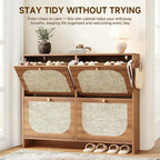 Nicetree Freestanding Arched Rattan Accent Ultra Slim Shoe Cabinet for Entryway - 4 Flip Drawers & 3-Tier Adjustable Shelves, Farmhouse Modern Rustic Shoe Rack for Hallway, Foyer, Living Room