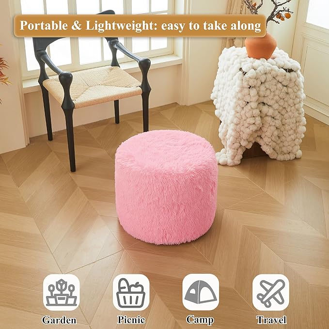 XeGe Fluffy Faux Fur Inflatable Pouf Ottoman, Cozy Shaggy Fuzzy Foot Stool, Plush Furry Foot Rest Floor Pouf Anti-Slip Kid Girl Adult, Foldable Round Ottoman Cushion for Living Room Bedroom, Pink