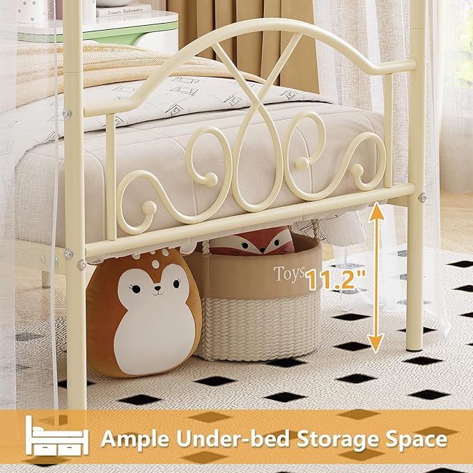 Weehom Princess Canopy Bed Frame with 4 Posters, Sturdy Metal Platform with Headboard&Footboard No Box Spring Needed Twin Size Bed for Kids Girls Adults,Beige White