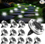 Solar Ground Lights Outdoor 12 Pack Waterproof Upgraded Flat Solar Garden Lights with 4 Side Light Stainless Steel Solar Powered Disc Light for Walkway Pathway Landscape Lawn Yard - Cool White
