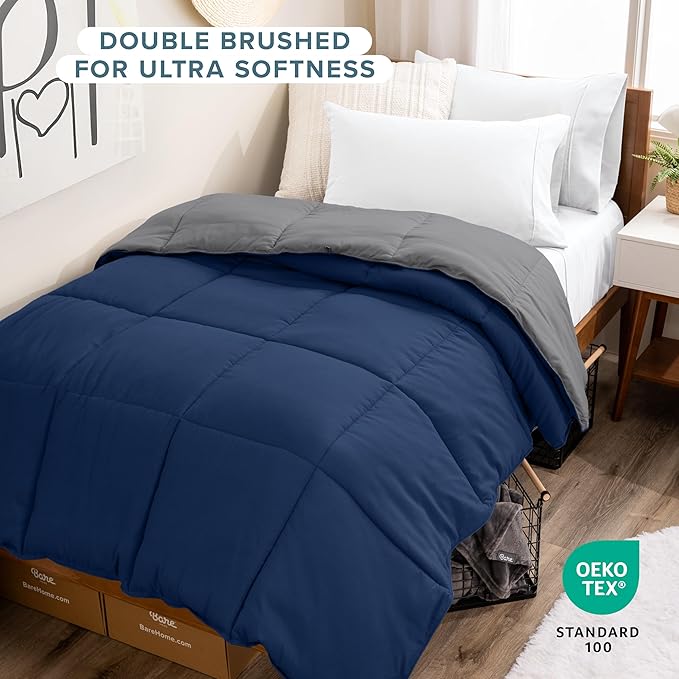 Bare Home Comforter - Twin/Twin Extra Long - Reversible Colors - Goose Down Alternative - Ultra-Soft - Premium 1800 Series - All Season Warmth - Bedding Comforter (Twin/Twin XL, Dark Blue/Grey)