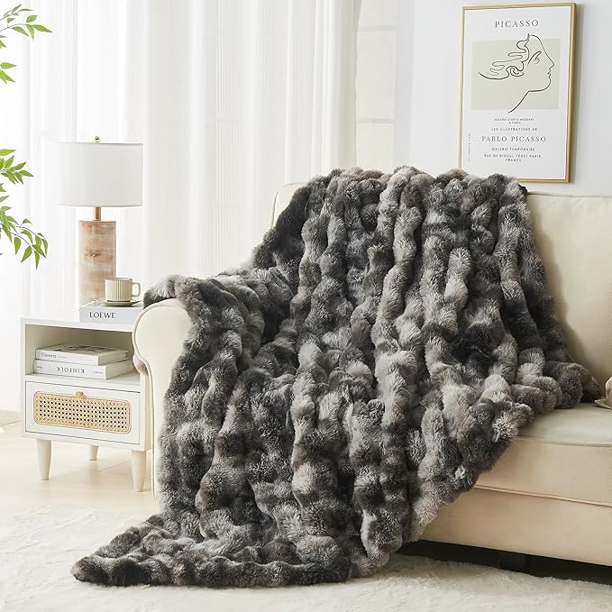 Lotus Karen Faux Fur Blanket Tie-Dye Dark Gray Twin Size - Big Bubble Rabbit Fluff Throw for Couch Small Fluffy Fuzzy Cozy Thick Furry Plush Shaggy Blankets 60x80 Inches