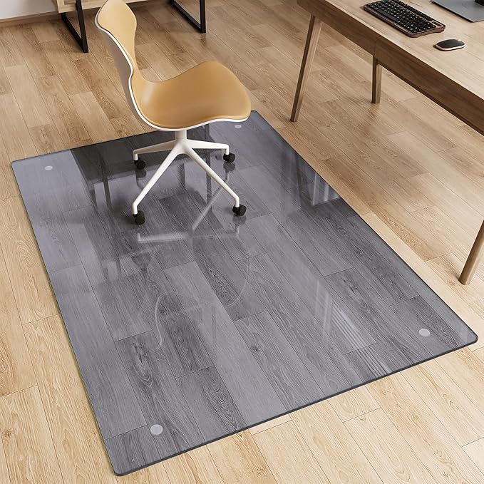 Glass Chair Mat 36" x 55" Heavy Duty Tempered Glass Mat,Office Glass Floor Mat with Round Corner and Polished Edge for Smooth Glide, Carpet Hardwood Floor Protector,Grey