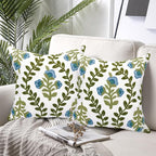 Alysheer Floral Embroidered Summer Decorative Throw Pillow Covers 18"x 18" Set of 2, Farmhouse Blue Flowers Green Vines Patterned Cotton Cushion Cases for Couch Bed Living Room Cottage Decor