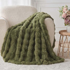 Lotus Karen Faux Fur Throw Blanket Dark Green - 800 GSM Bubble Rabbit Fluff Blanket for Couch Bed Sofa,Softest Fluffy Fuzzy Cozy Blanket,Thick Furry Plush Shaggy Warm Blankets for Women,50x60 Inches