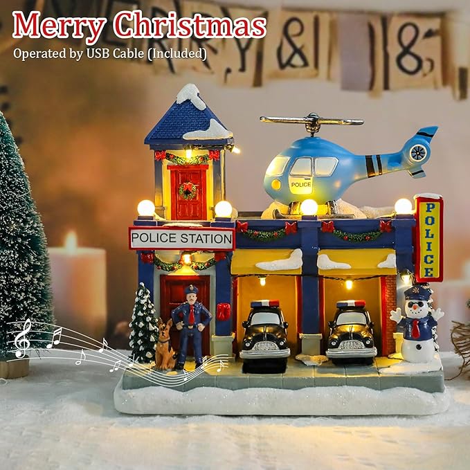 VCUTEKA Animated Christmas Village Houses, Lighted Musical Police Station Scene with Helicopter, Patrol Car, Dog, Victorian Xmas Village Collectible Building for Holiday Home Table Display Décor