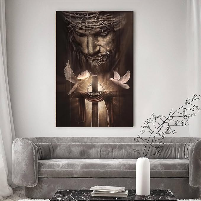 Fantasy Artists Framed Jesus Christ Canvas Wall Art The Cross and Peace Dove Christian Painting Prints Biblical Wall Decor Religious Room Decor for Church Prayer Room Schools Hospitals 24'' x 36''