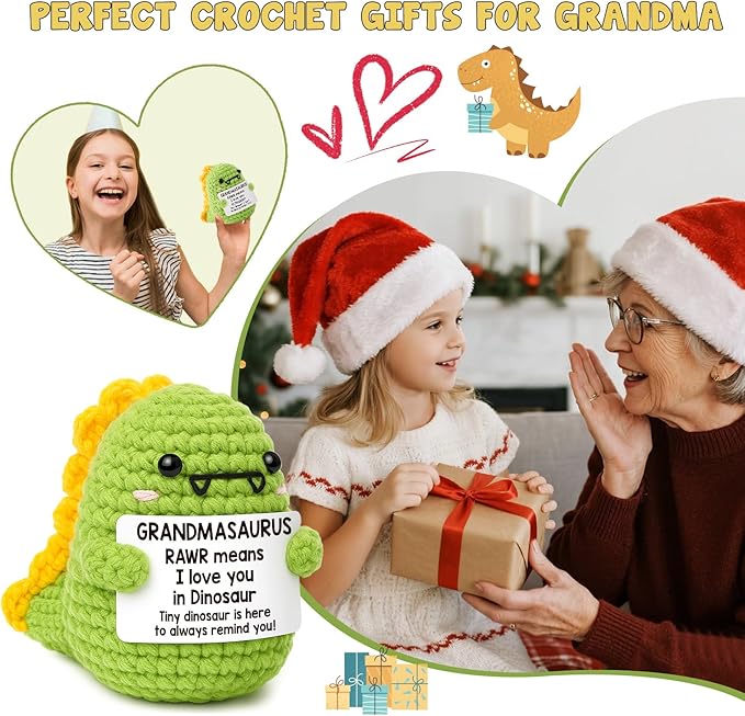 OCCdesign Mini Grandma Gifts for Christmas Funny Gifts for Grandma from Granddaughter Grandson I Love You Grandmother Gift for Great Grandmother Nana Gigi Handmade Crochet Dinosaur