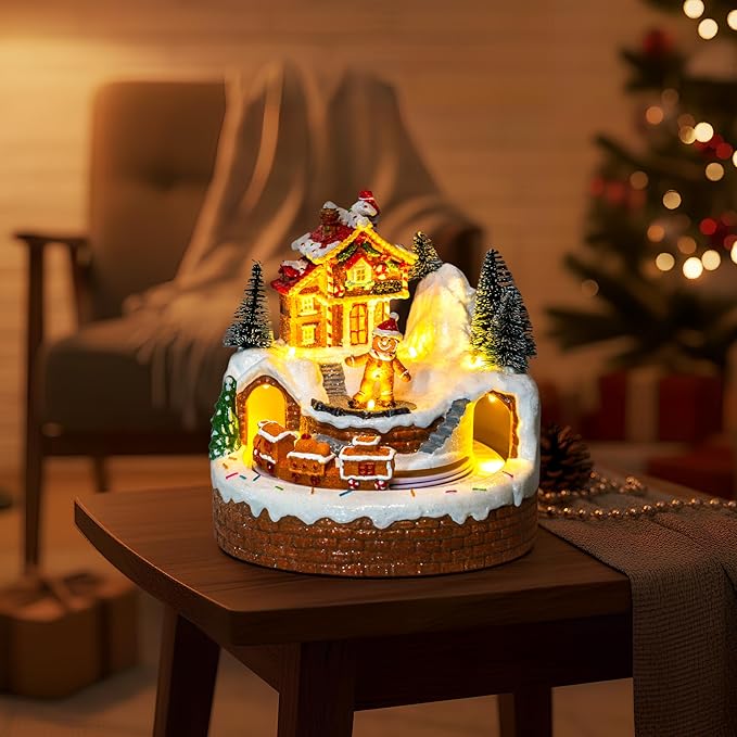 Animated Musical Christmas Village Figurines - Gingerbread House Building and Gingerbread Man with Train, LED Lights & Music - Battery or USB Powered and Home Collection Decorations