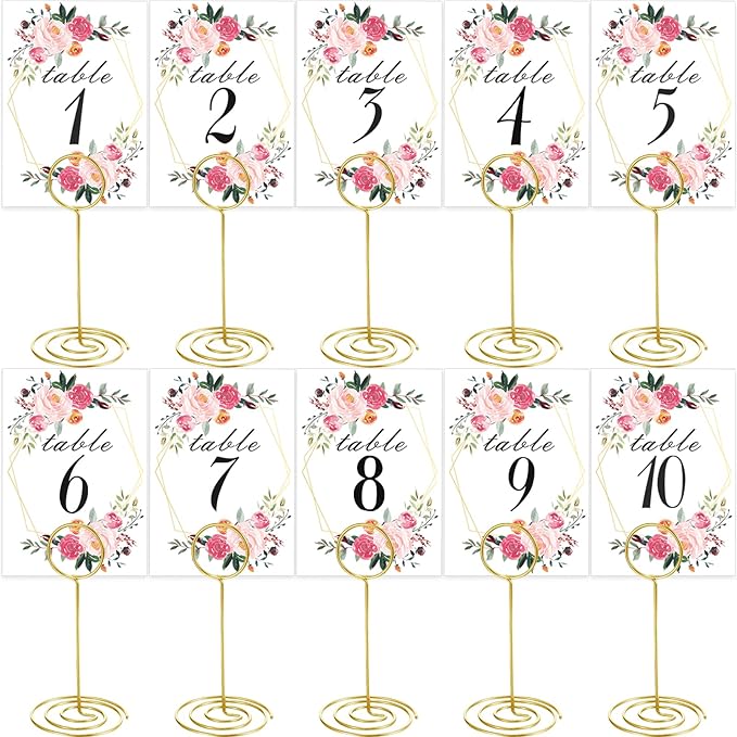 26 PCS Table Number Holder - Table Card Holder Stand Wire Photo Holder with 26 Pcs Floral Table Number Cards, Place Card Holder Stand for Weddings Party Office Paper Memo Menu Note Clips