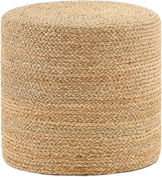 Handwoven Ottoman Pouf, Natural Seagrass Footstool, Round Braided Outdoor Seat with Sturdy Frame, Boho Accent Stool for Patio, Balcony, or Garden (Seagrass)
