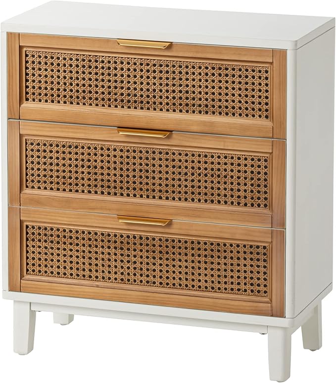 COZAYH Farmhouse 3-Drawer Nightstand, Rattan Cane Front Accent Dresser with Brass Pull, Distressed White