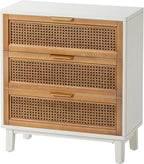 COZAYH Farmhouse 3-Drawer Nightstand, Rattan Cane Front Accent Dresser with Brass Pull, Distressed White
