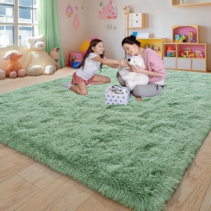 9x12 Large Area Rugs for Living Room, Ultra Fluffy Plush Rug for Living Room Bedroom, Thick Fluffy Carpet for Girls Boys Kids Room, Non Slip Dorm Rug for Home Decor Aesthetic, Sage Green