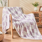 EMME Checkered Cotton Blanket Queen Size for Bed Soft Large Muslin Bed Blankets 80"x90" Lightweight Breathable Cooling All Season, Lavender