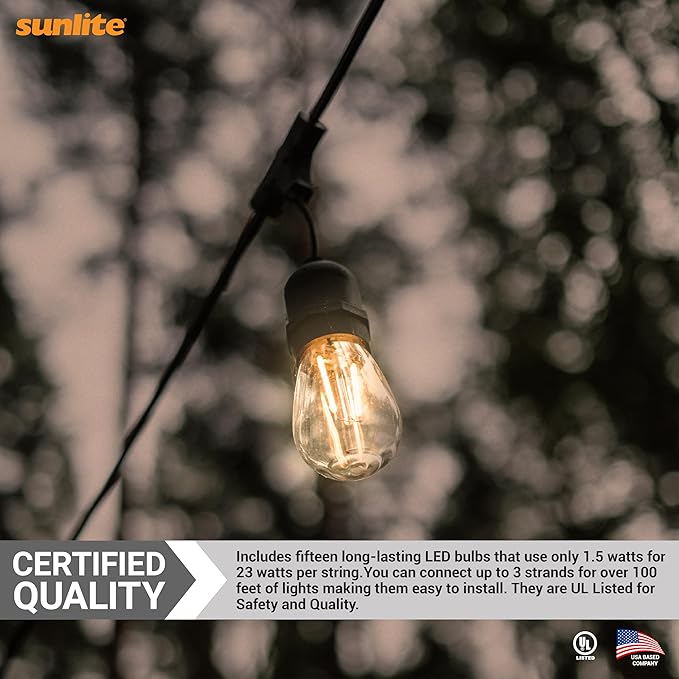 Sunlite 48ft Outdoor String Lights, 1.5W Commercial Grade, Waterproof, Linkable Strands, UL Listed, 15 Hanging Sockets, Shatterproof LED Edison Bulbs Included, 2700K Soft White