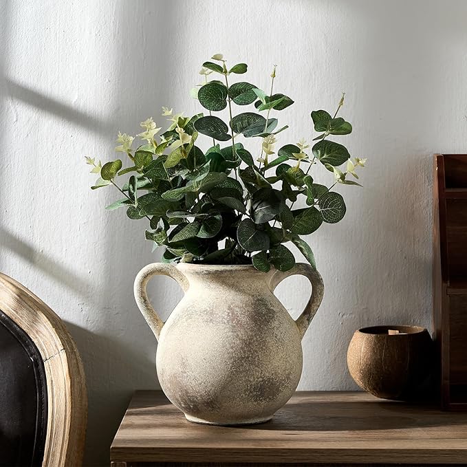 LUKA Antique Ceramic Vase with 2 Handle, 6.7 inches Rustic Vase Minimalist Decor, Decorative Vases for Home Decor, Table, Living Room, Shelf, Christmas Decoration(Small,Gray)