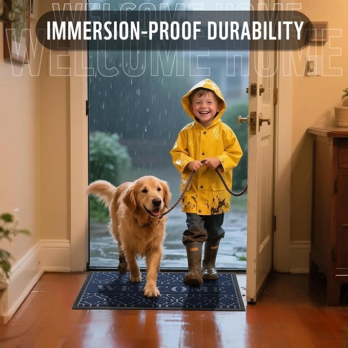 Yimobra Welcome Mat Outdoor Indoor, All-Season Waterproof Front Door Mat Outside Entrance, All-Weather Heavy Duty Non-Slip Doormat, Low Profile Porch Patio Entrance Mats, 47x32, Blue