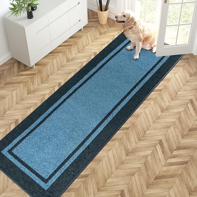 PURRUGS Dirt Trapping Door Mat 24" x 84", Non-Slip/Skid Machine Washable Entryway Rug, Shoes Scraper, Area Rug, Super Absorbent Welcome Mat for Muddy Wet Shoes and Paws, Light Blue & Navy