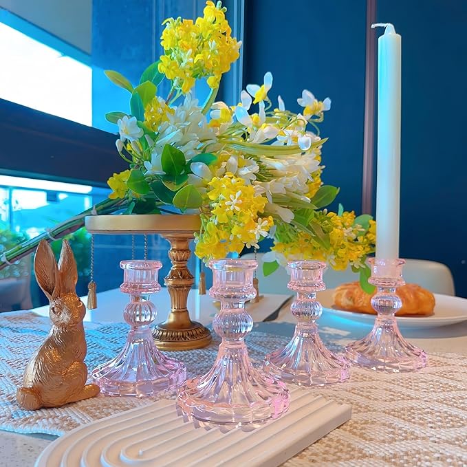 Glass Candlestick Holder,Striped Taper Candle Holders,Set of 6 Candle Stand for Table Centerpieces, Home Decor,Weddings,Festival and Parties (Pink Stripe Pattern)