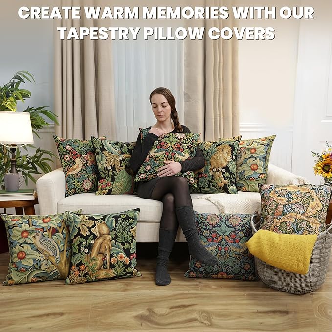 Charlotte Home Furnishings Throw Pillow Covers, Decorative Boho Pillow Covers for Couch, Living Room, Black Lion Square Cushion Cases 18x18 in, European Cotton Jacquard Woven for Cozy Bedroom Decor