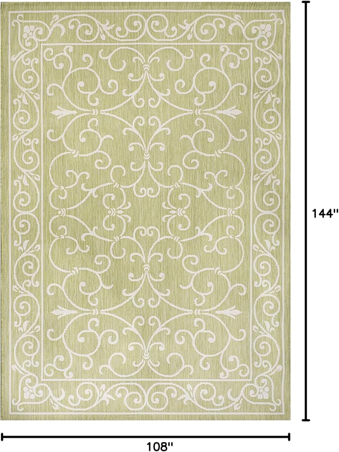 JONATHAN Y Vintage Filigree Indoor Outdoor Area Rug 9X12 Green/Cream, Charleston Textured Weave for Backyard, Patio, Porch, Easy-Cleaning, High Traffic, Pet-Friendly, Non-Shedding (SMB106H-9)
