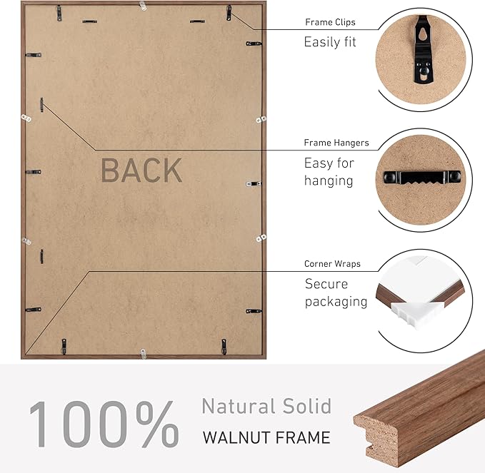 27x40 Poster Frame Natural Solid Walnut Photo Frames with 24x36 Removable Mat Wall Hanging Large Handcrafted Frame with HD Plexiglass Wall and Tabletop Display Large Picture Frame