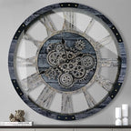 30 Inch Industrial Steampunk Wall Clock, Gray, Battery Operated, Real Rotating Gears, Solid Wood Frame, Oversized Wall Clock for Living Room Decor