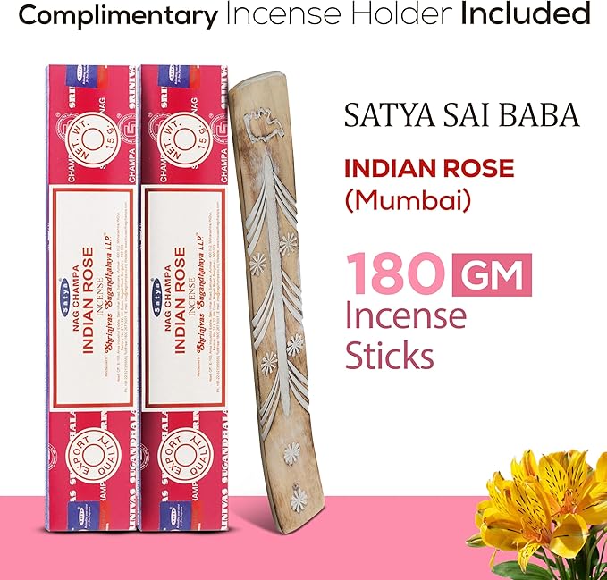 Satya Indian Rose Incense Sticks 180 gm (15GM X 12 Pack) from Satya Sai Baba Nag Champa and Raajsee Incense Sticks Holder Bundle, Free from Chemicals,Natural Insenses
