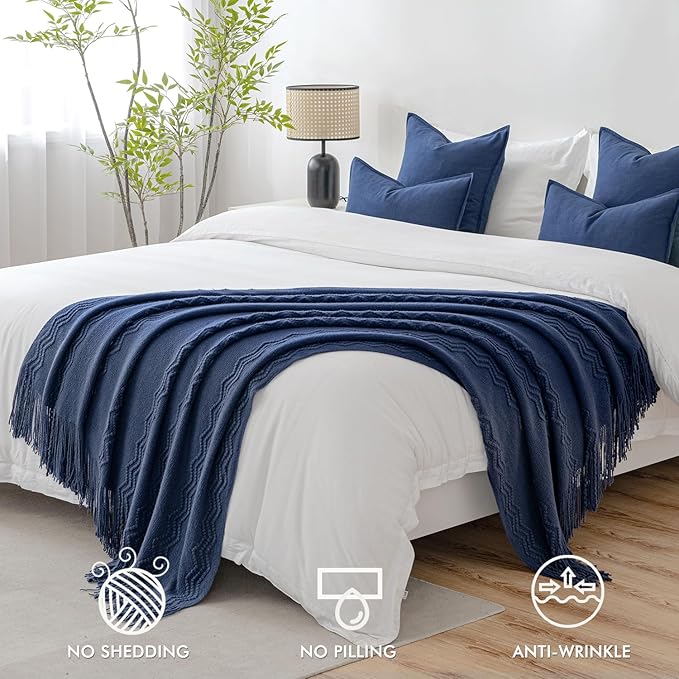 MIULEE Navy Blue Knitted Throw Blanket for Couch Textured Knit Blanket with Tassels Cozy Woven Boho Bed Blanket for Sofa Bed Chair Acrylic Wave Pattern 50"x60"