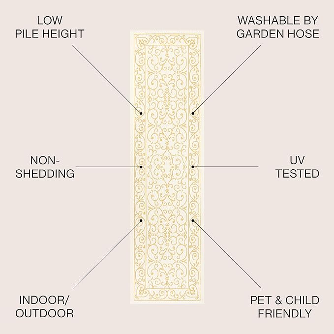 JONATHAN Y Vintage Filigree Indoor Outdoor Runner Rug 2X10 Cream/Yellow, Charleston Textured Weave for Backyard, Patio, Porch, Easy-Cleaning, High Traffic, Pet-Friendly, Non-Shedding (SMB106M-210)