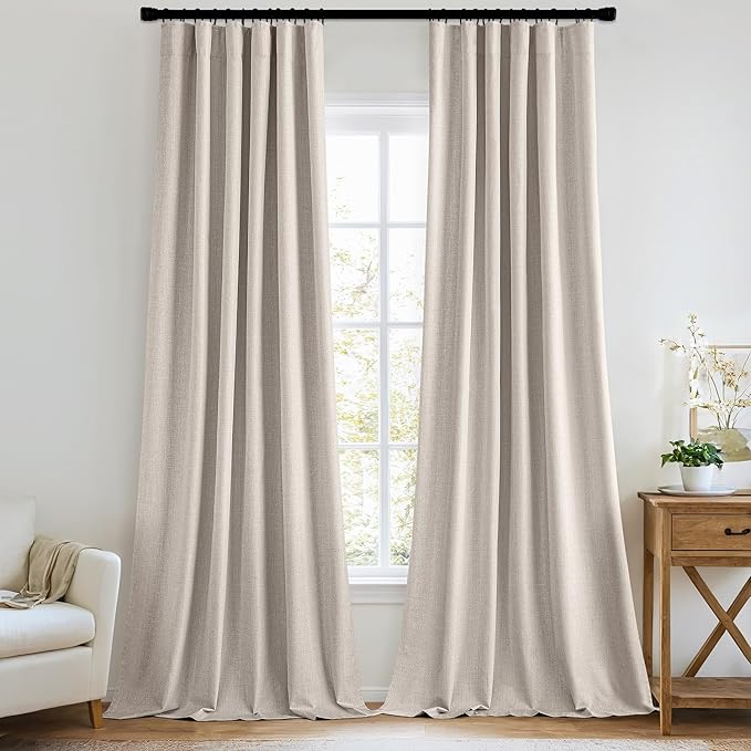 MIULEE 100% Blackout Curtains 120 Inch Long 2 Panels Set for Bedroom, Thick Luxury Faux Linen Black Out Curtain Room Darkening Back Tab Pleat Window Textured Drapes with Hooks for Living Room, Beige