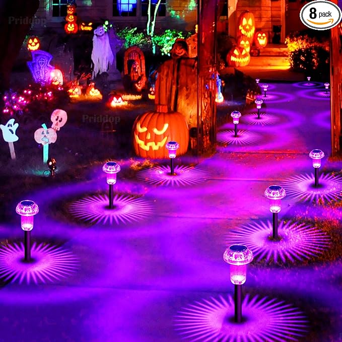 Halloween Solar Lights Outdoor 8 Pack Purple LED Waterproof Mushroom Outside Lights for Yard Garden Patio Pathway Walkway Landscape Halloween Decorations