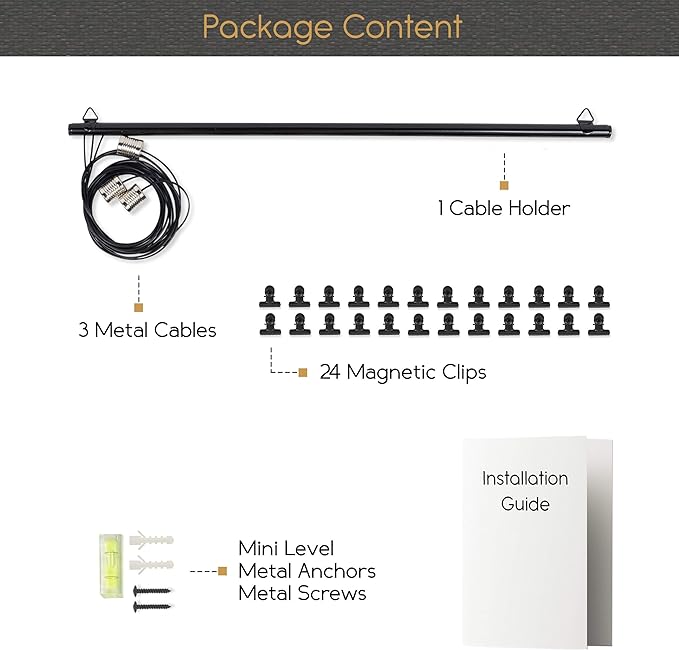 You Have Space WAJER Picture Hanging Kit with 24 Magnetic Clips for Pictures, Polaroids, Kids Crafts and Artwork, Metal Black