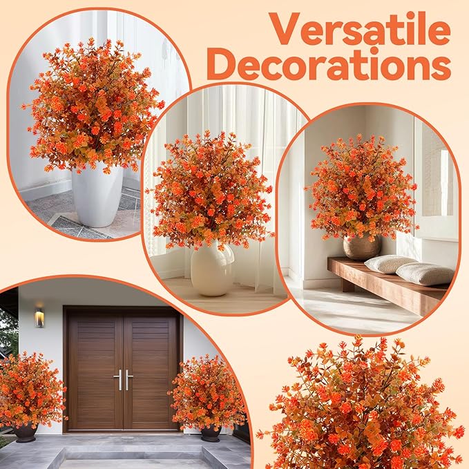 Artificial Topiary Ball Trees with Ground Spikes UV Resistant Faux Greenery Shrubs Fake Shrubs for Outdoors, Realistic Faux Plants Bushes for Garden Porch Yard Patio Decor (Orange Eucalypt)