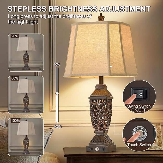 AIDENOEY 27.5“ Farmhouses Table Lamp with USB & USB-C Charging Ports, 3-Color Dimmable & Stepless Bottom Dimming, Touch Control & Switch, Vintage Bedside Lamp for Bedroom Living Room Office,(Brown)