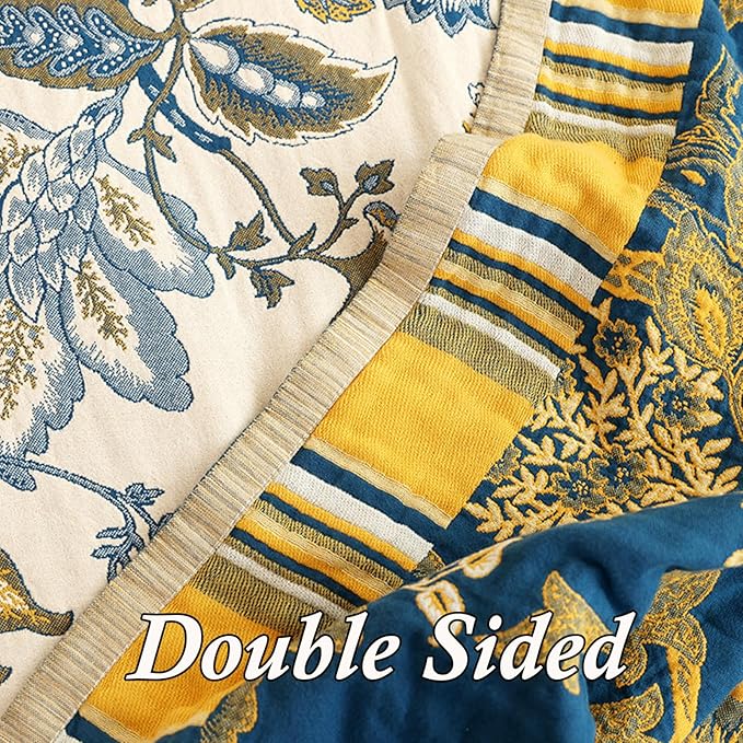 Snycler Boho Throw Blanket for Bed - 100% Cotton Ultra Soft Rustic Quilt - White Blue Floral Printed Farmhouse Decor Bed Blankets, 60"×80" All Season Rustic Throw for Sofa Couch Chair