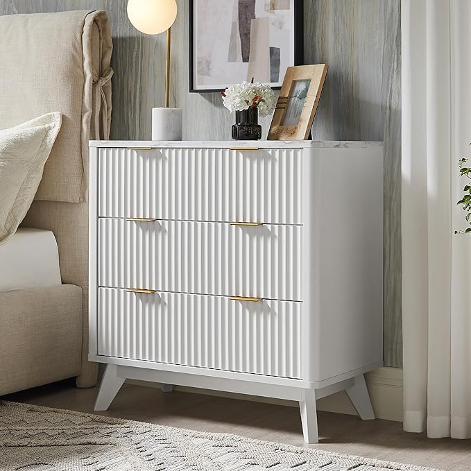 T4TREAM Fluted 3 Drawer Dresser, 32" Tall Modern Chest of Drawers with Faux Marble Top, Curved Profile Design, Wood Drawer Organizer for Bedroom, Living Room, Hallway, Entryway, Solid White