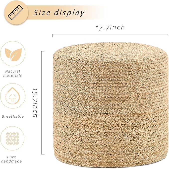 Handwoven Ottoman Pouf, Natural Seagrass Footstool, Round Braided Outdoor Seat with Sturdy Frame, Boho Accent Stool for Patio, Balcony, or Garden (Seagrass)