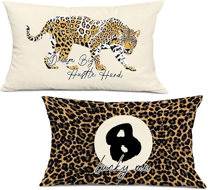 Coquette Pink Bow Leopard Print Lips Lucky 8 Ball Throw Pillow Covers 20x12, Cheetah Print Room Decor, Funky Y2K Leopard Decorative Pillow Covers for Girls Room Dorm Apartment Home，Set of 2